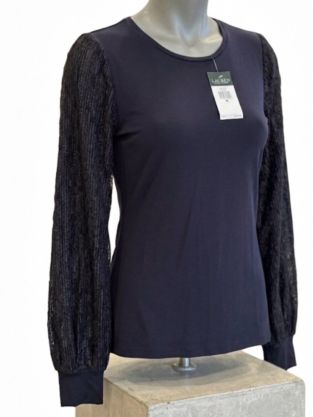 Ralph Lauren Black Long Sleeve Top with Sheer Textured Black Sleeves